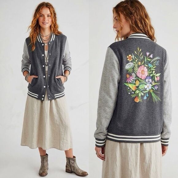 Sport-Tek Jackets & Blazers - Sport-Tek Varsity Jacket Womens Sz Medium Floral Gray Sporty Winter Fall Comfy